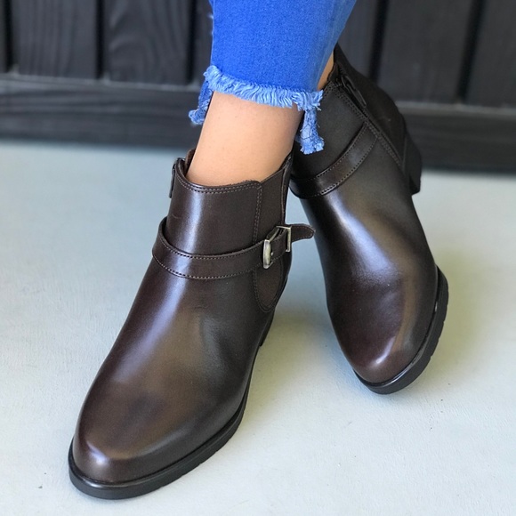 NIB Brown Side Zip Leather Ankle Buckle Bootie - Picture 4 of 6